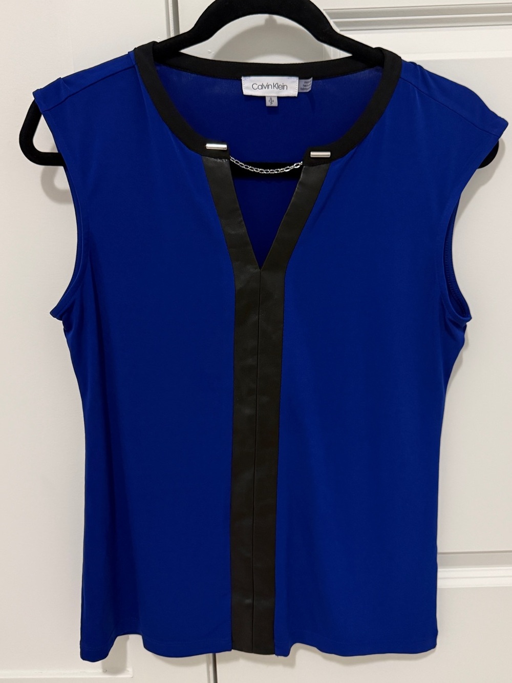 Calvin Klein Royal Blue Sleeveless Top with Black Faux Leather Trim & Chain